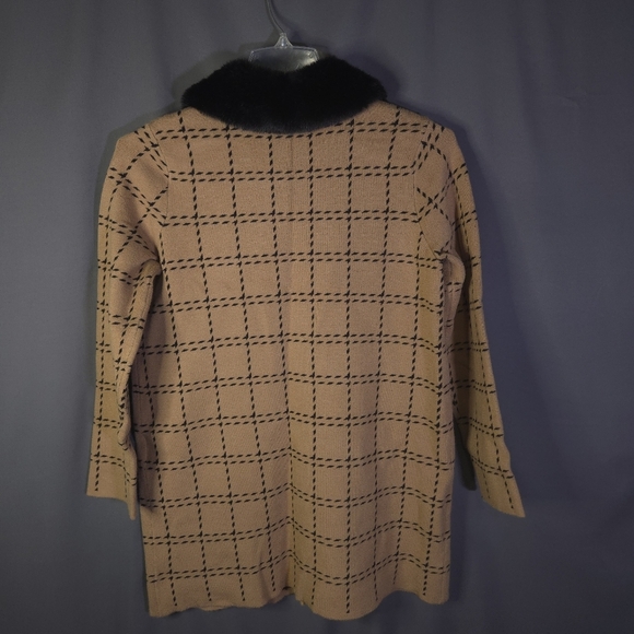 Anne Klein Faux Fur Collar Knit Button Down Duster Size Small‎ Black Tan Plaid - Picture 7 of 8